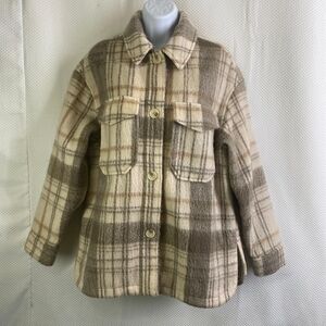 Zara Kids Plaid Pea Coat - Cream & Brown SIZE L 12-14